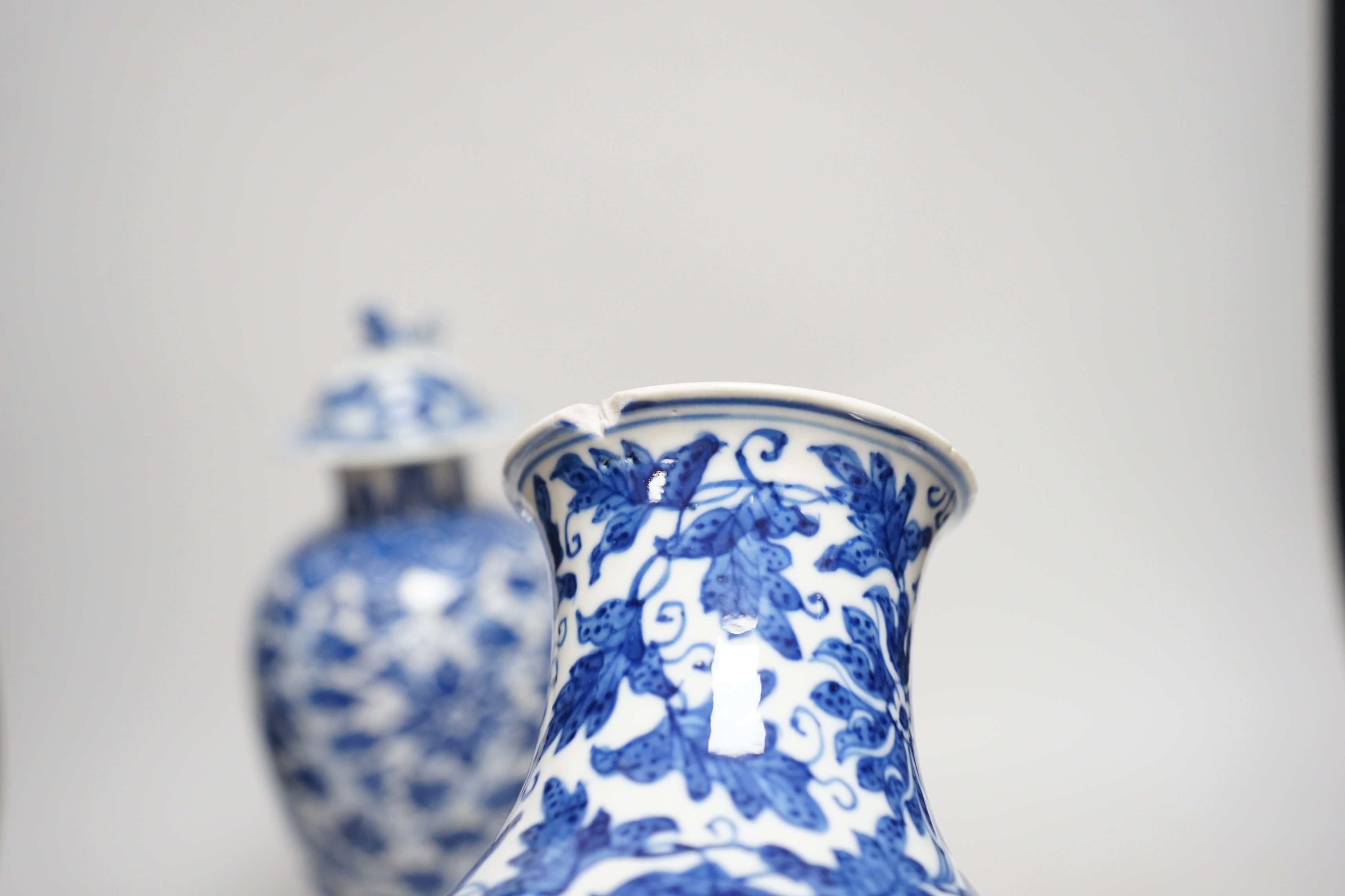 A late 19th century Chinese blue and white 'Lotus' vase and cover and another similar (2), tallest 31cm